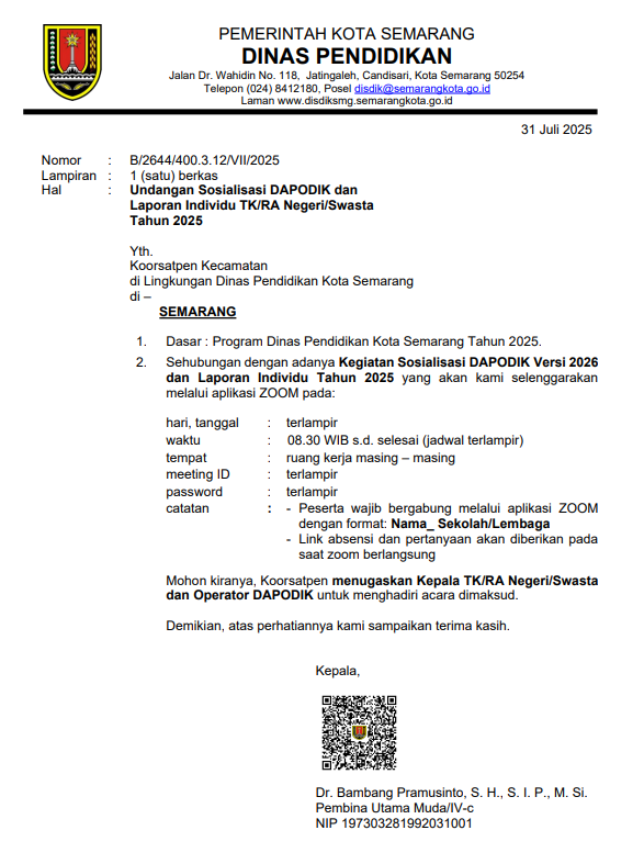Undangan Sosialisasi Dapodik dan Laporan Individu TK/RA Negeri/Swasta Tahun 2025